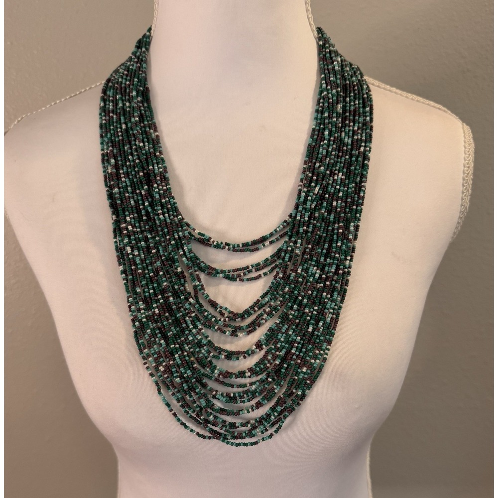 Multi Strand Seed Bead Bib Necklace Turquoise Boho Statement Artisan Festival